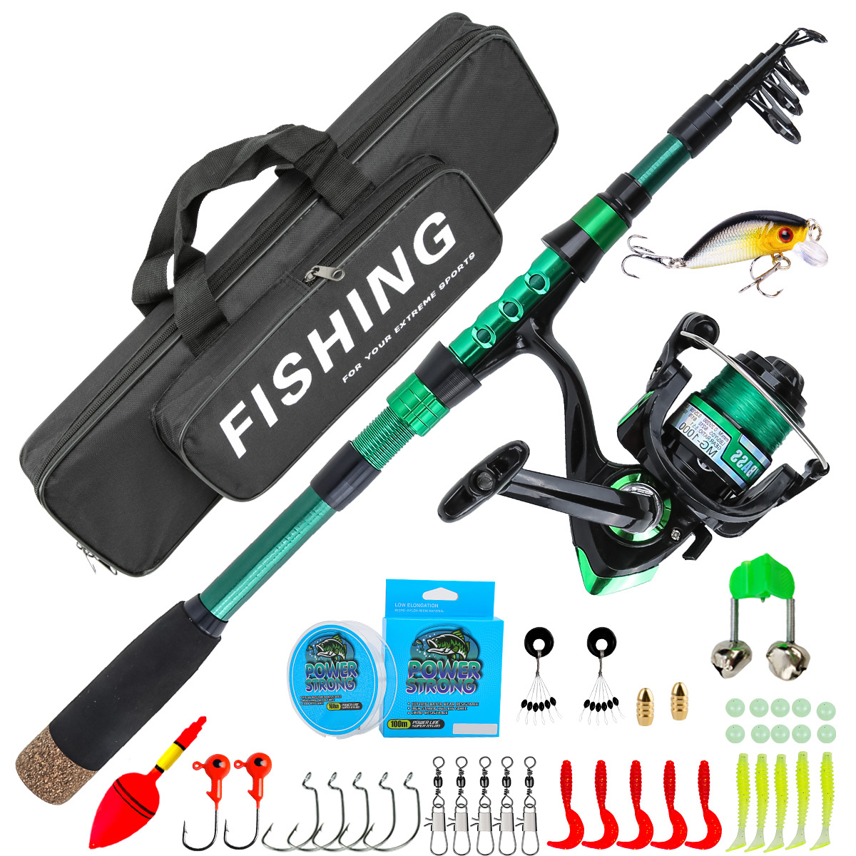 Fishing Rod Combo - 1.8 Meters Green Carbon Fiber Telescopic